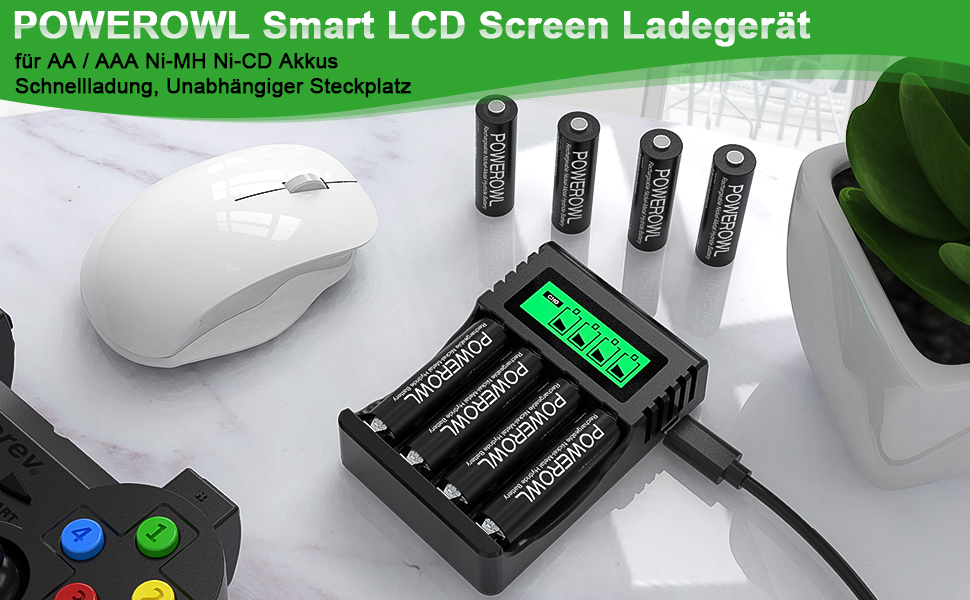 Акумулятори AA Powerowl 2800mAh NI-MH, 8 шт. з інтелектуальною зарядкою USB, 4 слоти, незалежні слоти