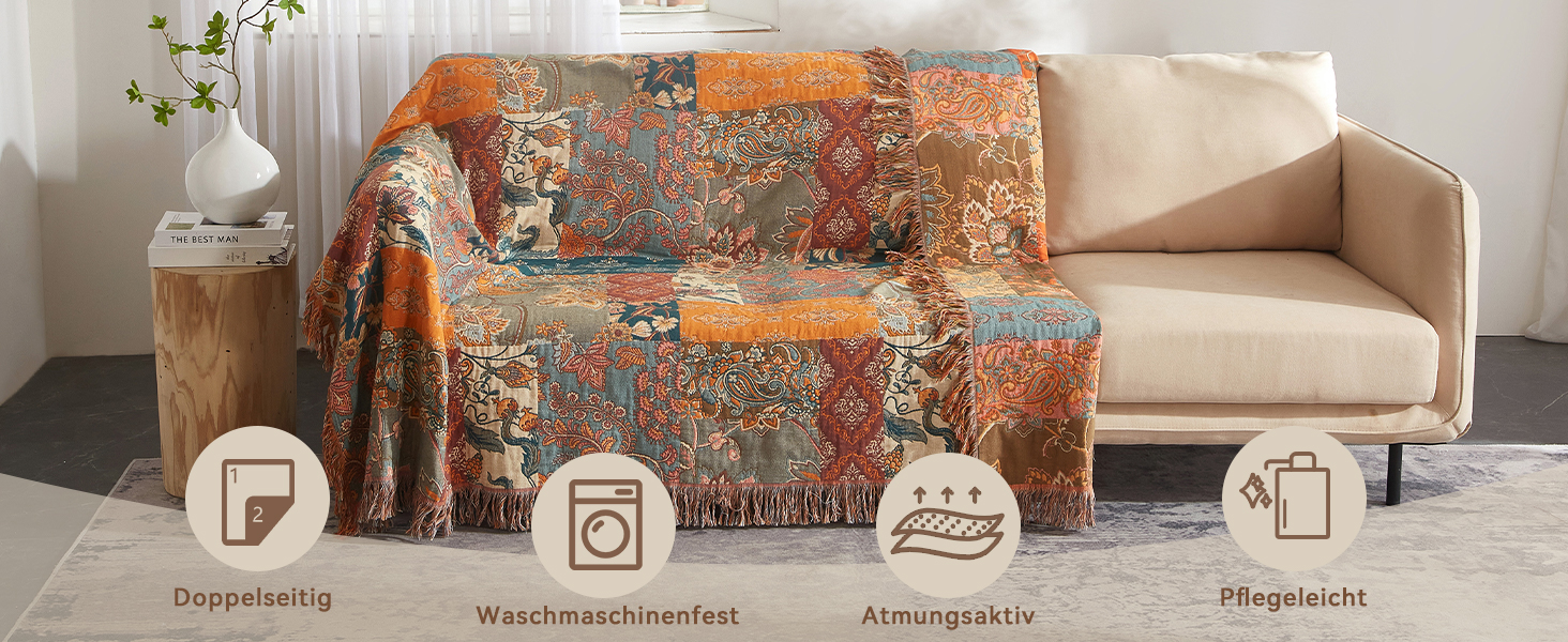 Богемна ковдра Boho Decke 100% бавовна – двостороння муслінова ковдра 150x200 см, м'яка ковдра для дивану та покривало на ліжко, естетичний дизайн, ідеально для вітальні та спальні, помаранчевий/зелений 150 x 200 см з квітковим візерунком