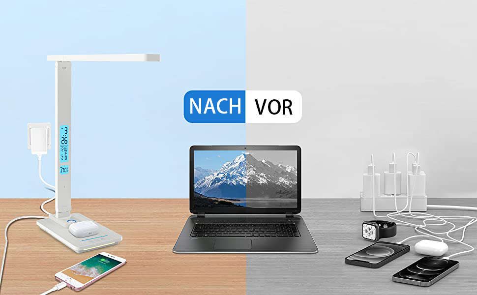 Світлодіодна лампа настільна з регулюванням яскравості та функцією зарядки годинника - настільна лампа нічник з бездротовим зарядним пристроєм 10W, USB-порт, складна, сенсорне керування, 5 рівнів регулювання, 3 режими (Tx223white-eu)