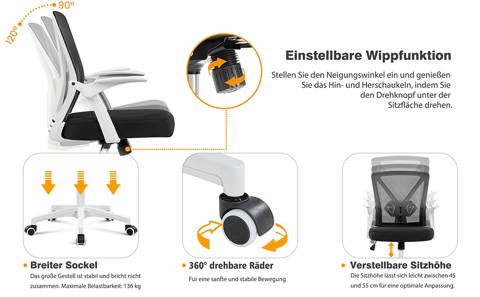 Офісне крісло Yaheetech з підйомними підлокітниками, сітчасте, ергономічне, з підтримкою попереку, функцією гойдання та регулюванням висоти (біле)