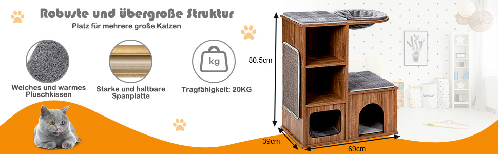 Кігтеточка для котів COSTWAY з будиночком та килимками, дерев'яний дім-кігтеточка, активний комплекс для котів 69x39x80,5 см, вінтажний стиль