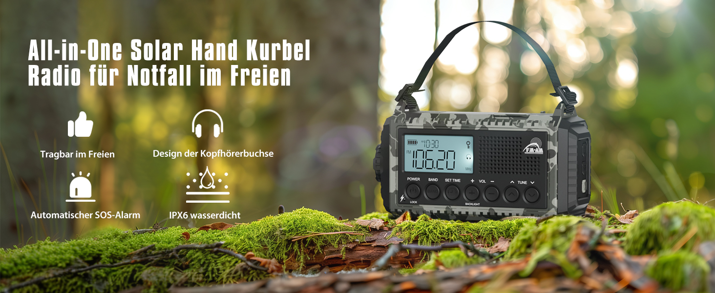 Радіо на сонячній батареї та з ручним генератором | Powerbank 12000mAh | AM/FM/SW, SOS, USB-C, IPX4, ліхтарик | для кемпінгу та відпочинку на природі (Граутарт)
