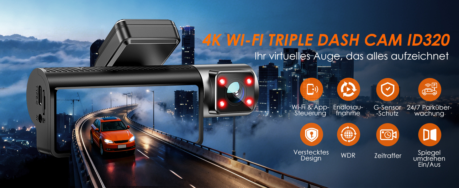 Відеореєстратор iZEEKER 3-канальний 4K з картою 32GB: передній, задній, внутрішній, WiFi 6, нічна зйомка