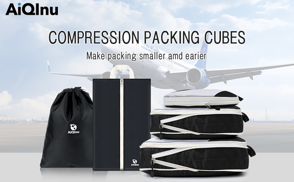 Органайзери для валіз AiQInu, 5 шт. - Набір для пакування з компресійними мішками, мішок для білизни та для взуття. Легкі, розширювані, для ручної поклажі (Чорний)