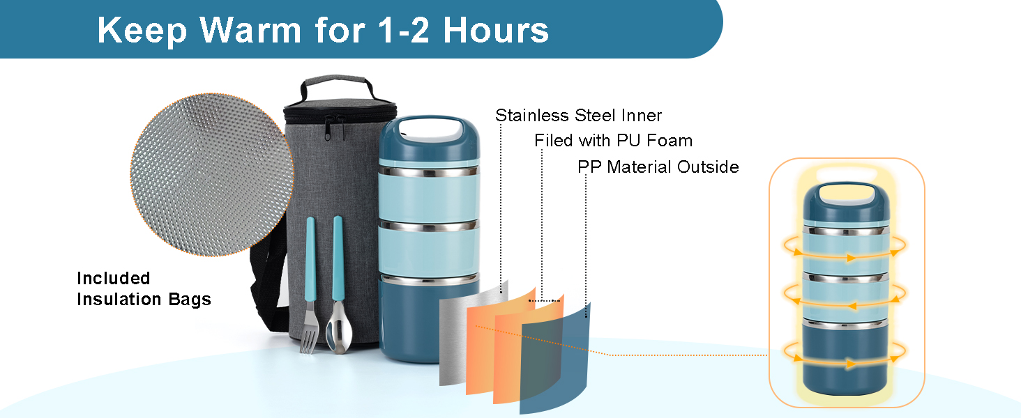 Ланчбокс Lille Home з нержавіючої сталі 1.43л, 3-рівневий, ізольований, без BPA, для їжі на виніс, підходить для жінок та чоловіків (блакитний)