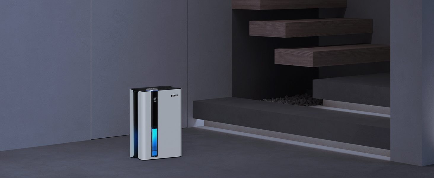 Електричний осушувач повітря Sejoy з пультом дистанційного керування, LED-індикатором вологості, резервуаром 2,5 л, продуктивністю 1000 мл/день, 7-кольоровою підсвіткою, портативний, тихий режим сну 35dB