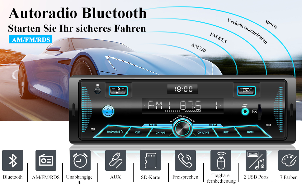 Автомобільна магнітола RDS Bluetooth 9-24В, FM/AM, MP3, USB, SD, AUX, з пультом, 7 кольорів підсвічування, гучний зв'язок