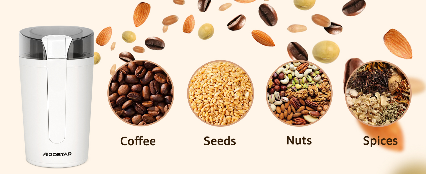 Електрична кавомолка Aigostar Blanche з регулюванням ступеня помелу, BPA Free, 60г, 200W, біла