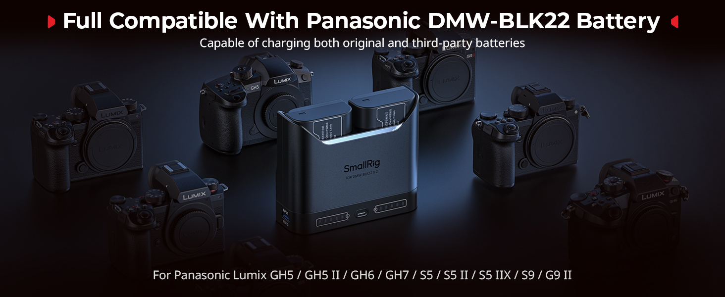 Зарядний пристрій SmallRig DMW-BLK22 для Panasonic Lumix GH5, GH6, GH7, S5, S5 II, S9, G9 II — подвійний акумуляторний зарядник з USB-C 22.5W