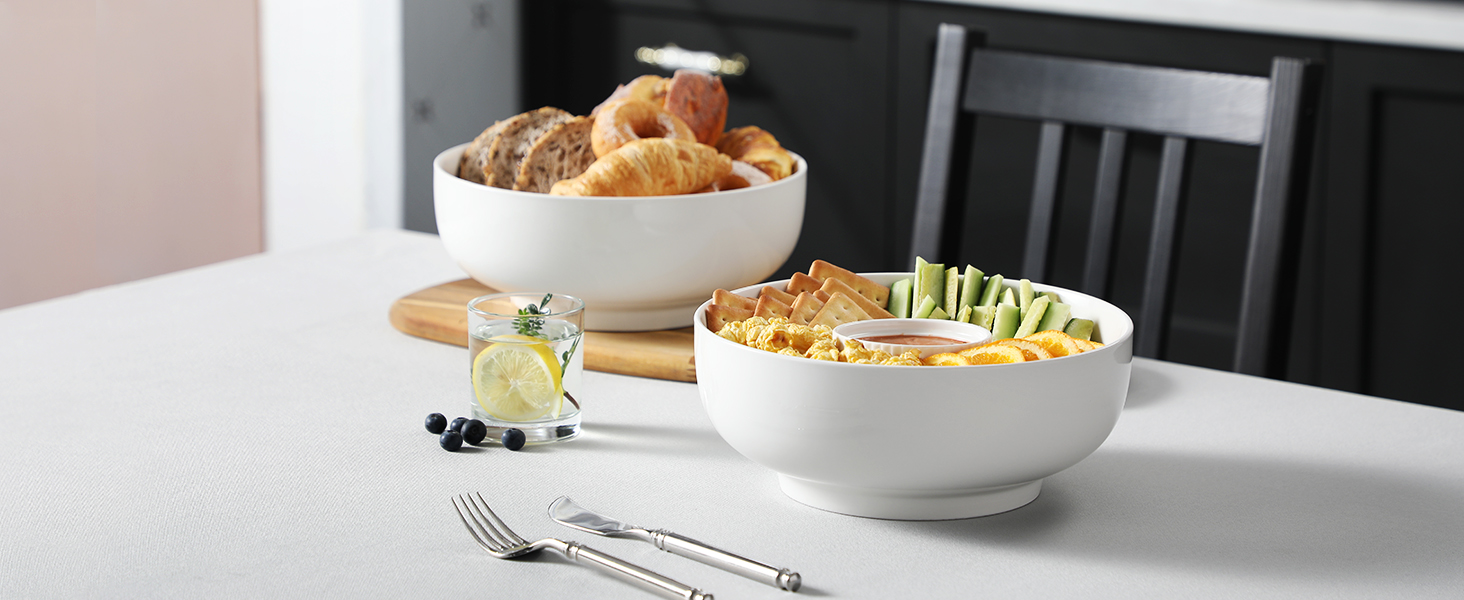 Набір супових та салатних мисок MALACASA (3 шт., 3.4L, 1.8L, 0.8L) з порцеляни. Підходить для супу, салату, рамену, фруктів та мюслі. Серія Regular (білий)