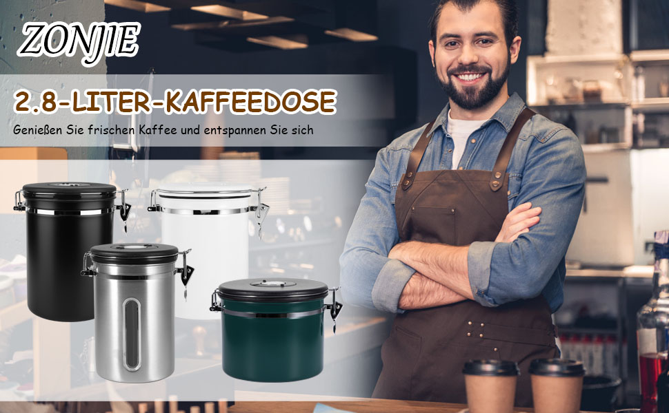 Кавовий контейнер ZONJIE 2.8л з нержавіючої сталі, вакуумний, з CO2-вентилем та датчиком дати, для 1 кг кавових зерен