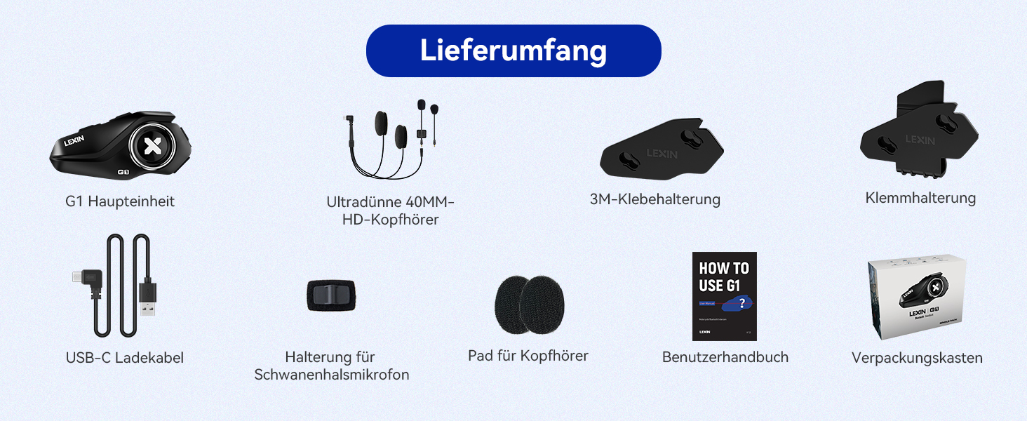 Bluetooth-гарнітура для мотошолома LEXIN G1, Bluetooth 5.0, HD динамік, шумозаглушення DSP/CVC, для музики, навігації та дзвінків, голосовий асистент, одиночна упаковка
