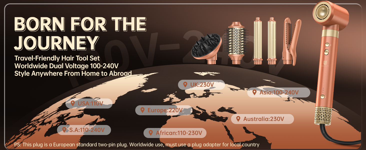 Webeauty 7-в-1 Стайлер для волосся: фен, плойка, брашинг, дифузор, 110,000 об/хв, 25 м/с, 500 млн негативних іонів, Dual Voltage, Mokka