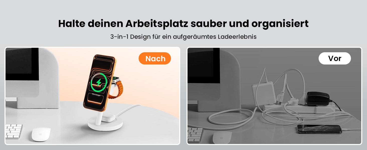 Зарядна станція JoyGeek 3-в-1 з магнітною індукцією 25W для iPhone 17/16, Apple Watch, Samsung Watch та AirPods. Білий матовий.