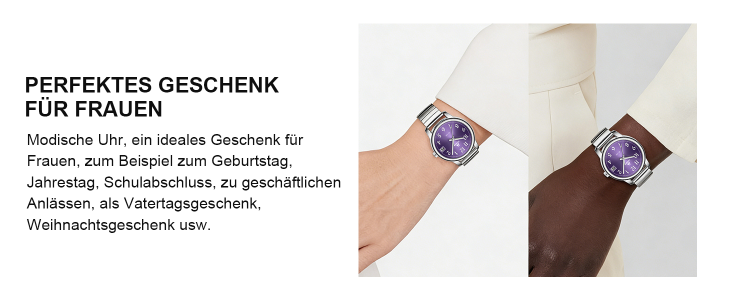 Жіночий годинник LN LENQIN: Водонепроникні годинники для жінок з нержавіючої сталі, кварцовий механізм, регульований браслет (сріблястий, фіолетовий)