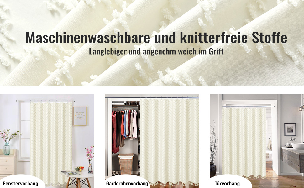 Штора для душу BTTN 180x180 см, бежева бохо, з китицями, водонепроникна, з гачками (1 шт)