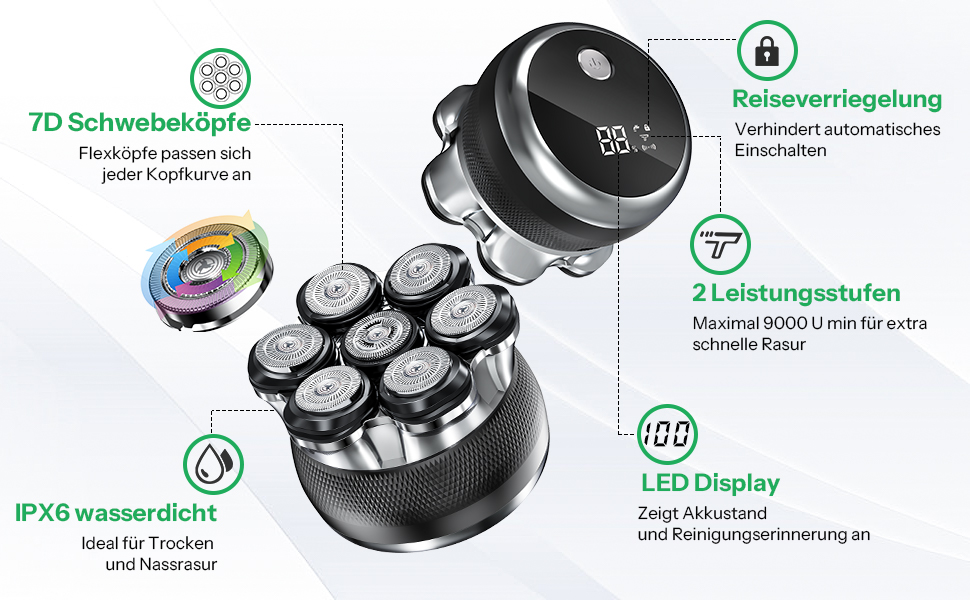 Електричний гостроювач для голикової голови Yeerain 7D, чорний, з LED-дисплеєм та 2 швидкостями