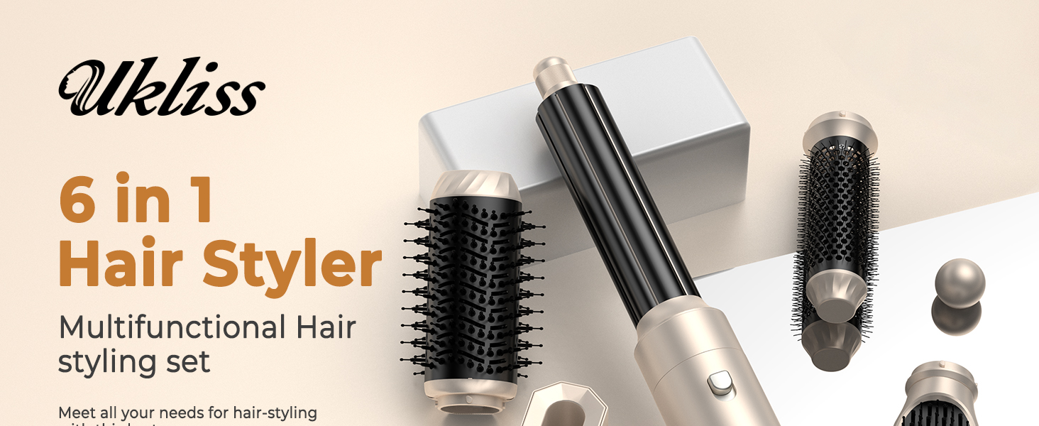 UKLISS Hairstyler 6 в 1 Airbrush: професійний набір для укладки волосся | 1000W | Air Curler, фен-щітка, стайлер для локонів, об'єму та випрямлення | Золотий