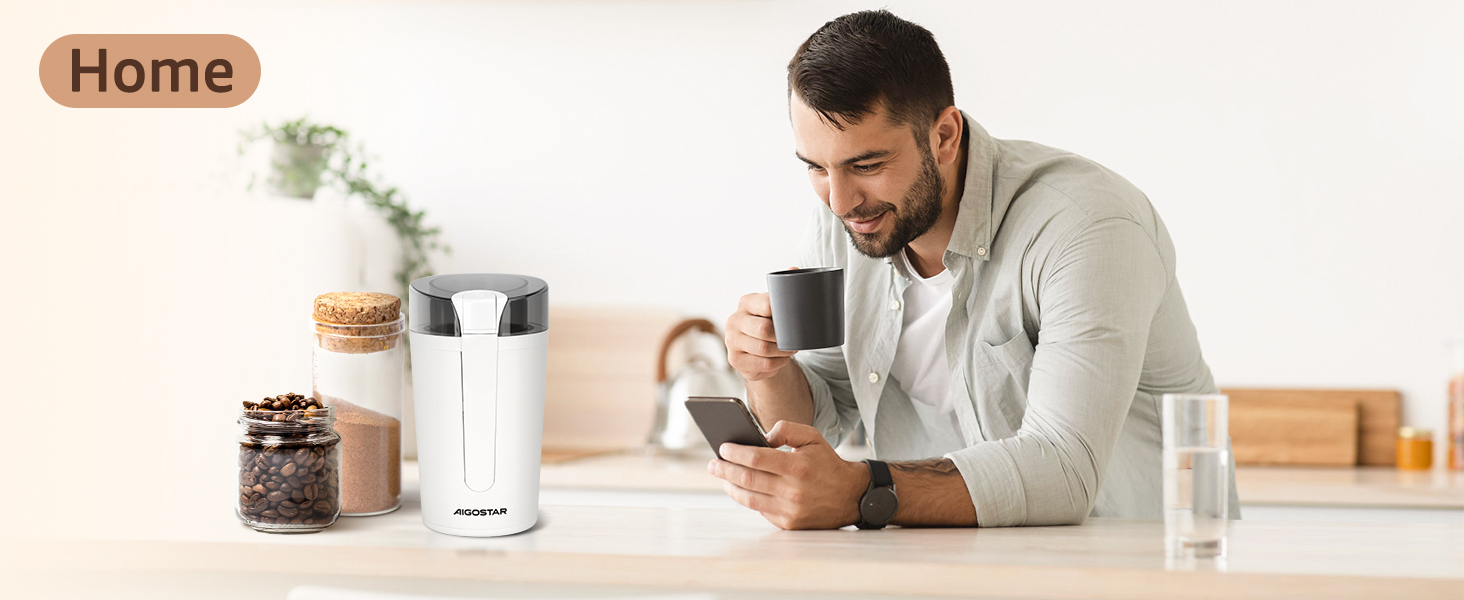 Електрична кавомолка Aigostar Blanche з регулюванням ступеня помелу, BPA Free, 60г, 200W, біла