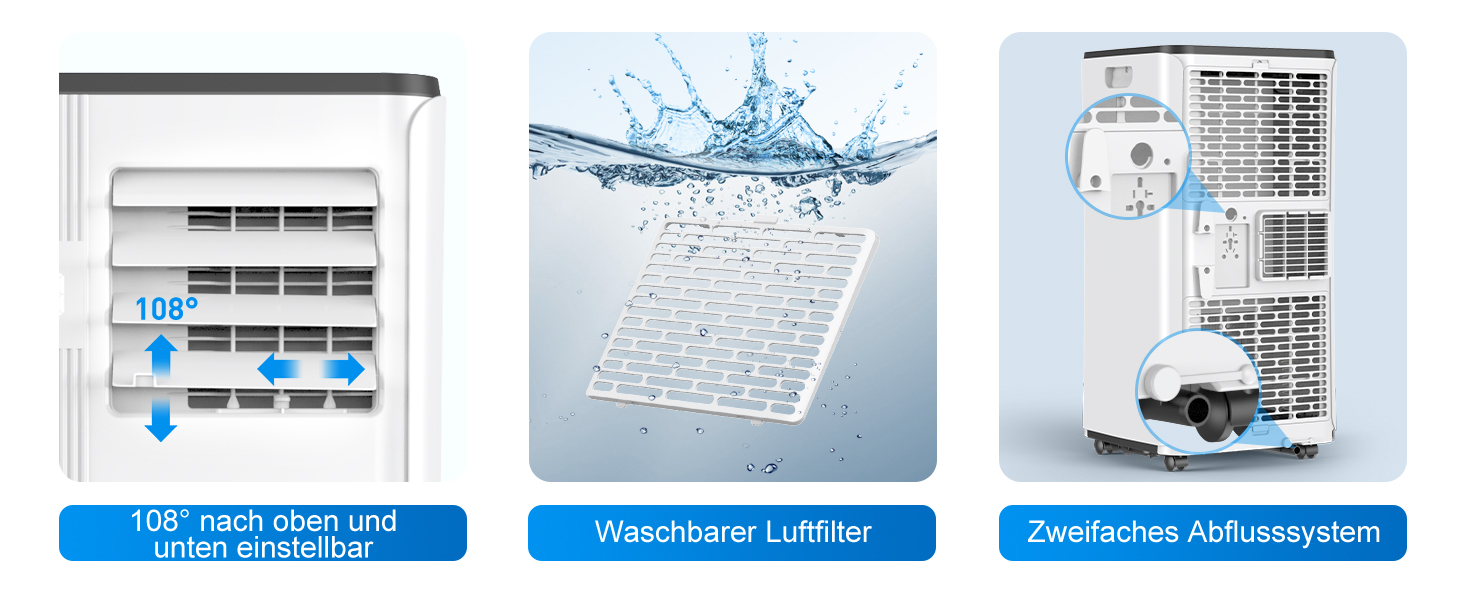 Мобільний кондиціонер Klimaanlage 9000 BTU 3-в-1: охолодження, осушення, циркуляція повітря, LED дисплей, пульт, таймер, тихий, енергоефективний, для приміщень до 88 м³