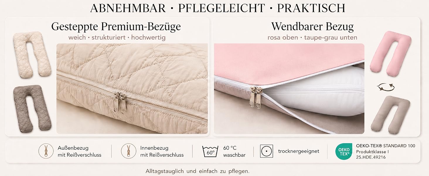 U-подібна подушка для вагітних та годування sei Design XXL, подушка для сну на боці для підтримки спини та стегон, колір taupe, стібана