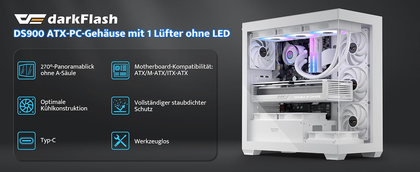 darkFlash DS900: Корпус для ПК ATX Mid-Tower з 4 PWM ARGB-вентиляторами, подвійна скляна панель, підтримка радіаторів водяного охолодження 360mm, USB Type-C, чорний