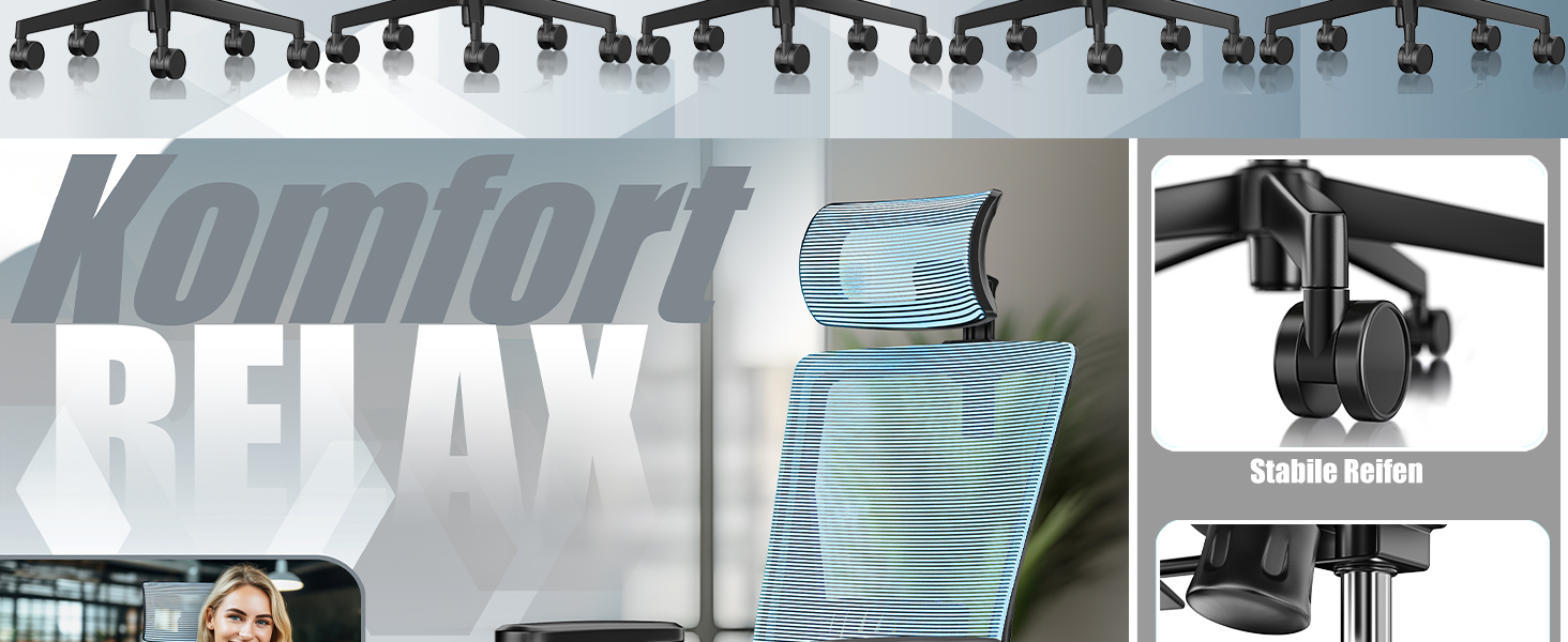 Офісне крісло KESSER® ергономічне з регульованими підлокітниками, підтримкою попереку та підголівником | Крісло для офісу з функцією гойдання до 125° та 5 колесами | Синій/Чорний