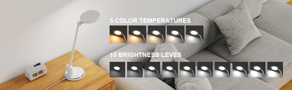 JUKSTG LED Desk Lamp - 12W Adjustable Office Table Lamp with Touch Control, Dimming, 10 Brightness Levels & 5 Color Modes - Eye Protection for Reading, Work, Kids (White)