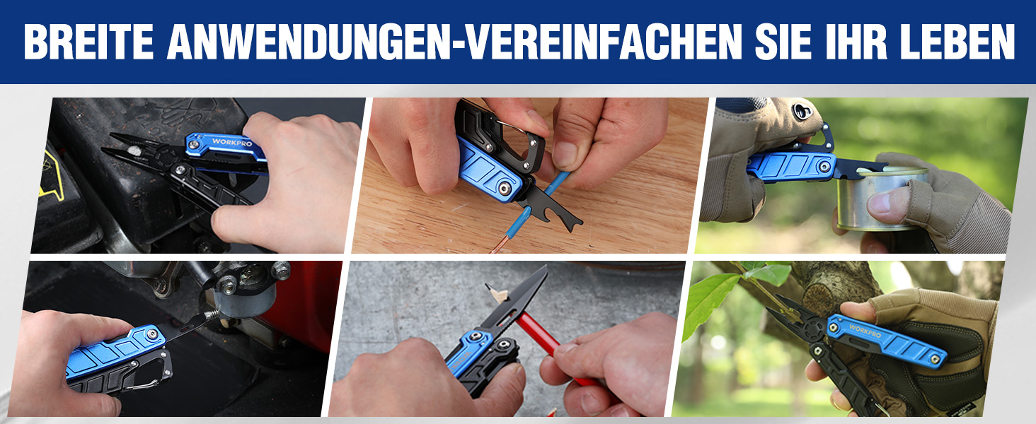 Мультитул WORKPRO 11-в-1: мультиінструмент з нержавіючої сталі з карабіном, плоскогубцями, інструментом для обрізки кабелю, відкривачем пляшок, викрутками. Підходить для активного відпочинку та повсякденного використання. У комплекті – зручна сумка.