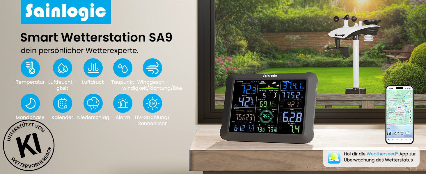 Метеостанція Sainlogic WLAN SA9 з AI Weatherseed®: 14-в-1, датчик опадів, вимірювач вітру, UV-індекс, великий дисплей 8.5