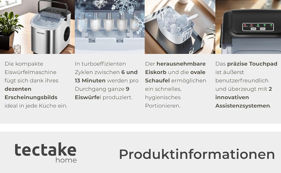 Машина для приготування льоду tectake® - приготування 9 кубиків за 6 хвилин, 12 кг за 24 години, об'єм 1,2 л, 2 розміри кубиків, самоочищення, з лопаткою для льоду, срібна