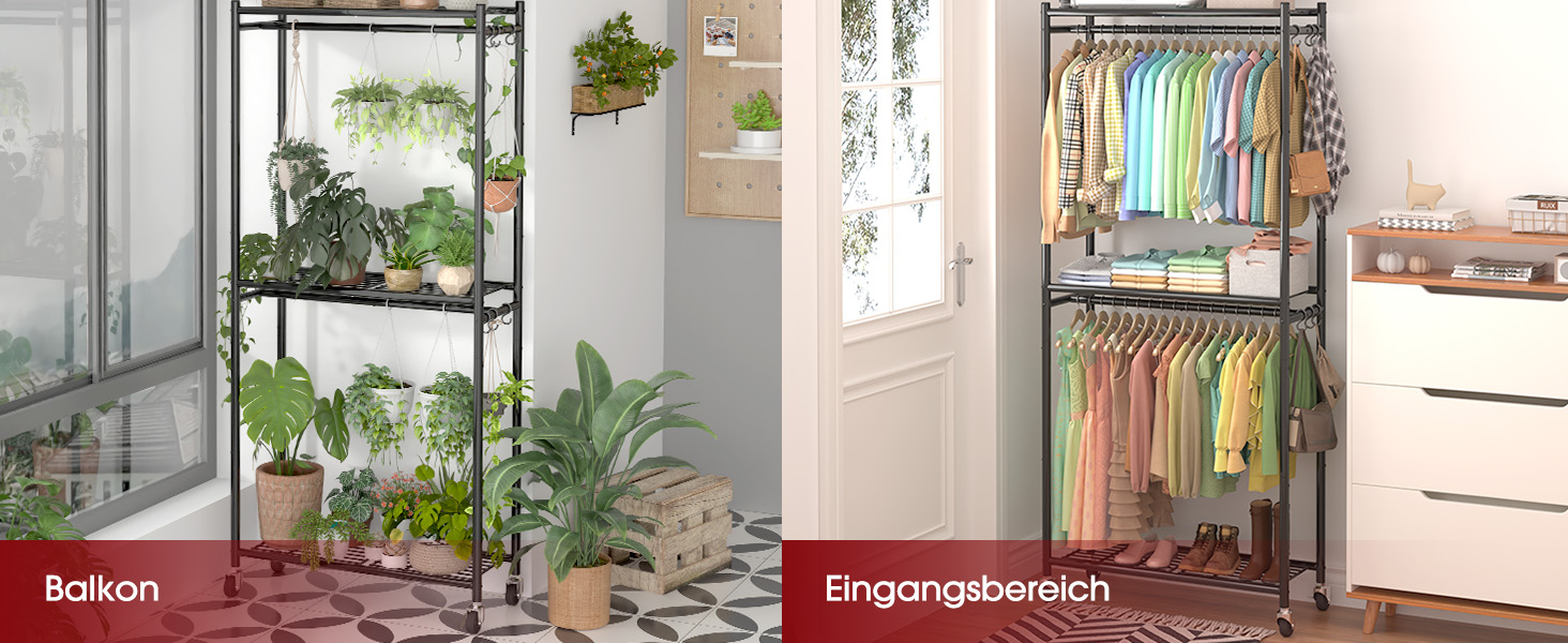 Стійка для одягу на колесах з полицями та гачками, металева, 84 x 31 x 202 см, чорна