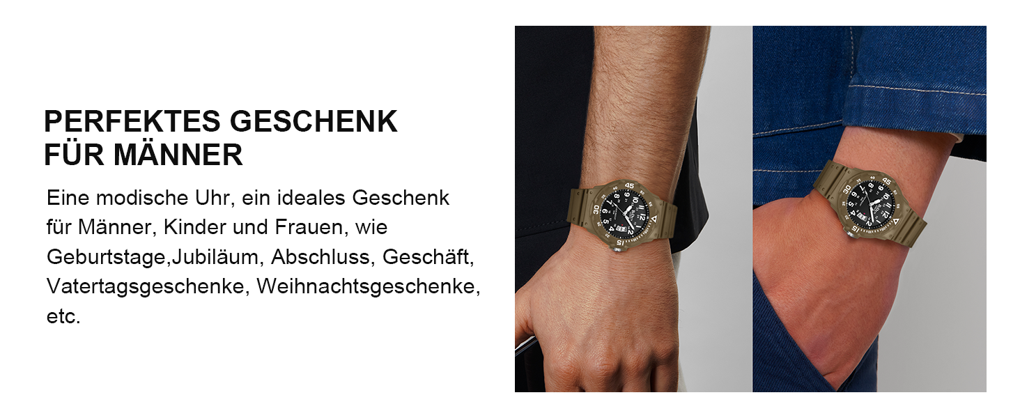 HANPOSH чоловічий годинник: аналоговий кварцовий годинник для чоловіків з датою, водонепроникний 50M, стильний дизайн, силіконовий ремінець (06- Khaki Schwarz)