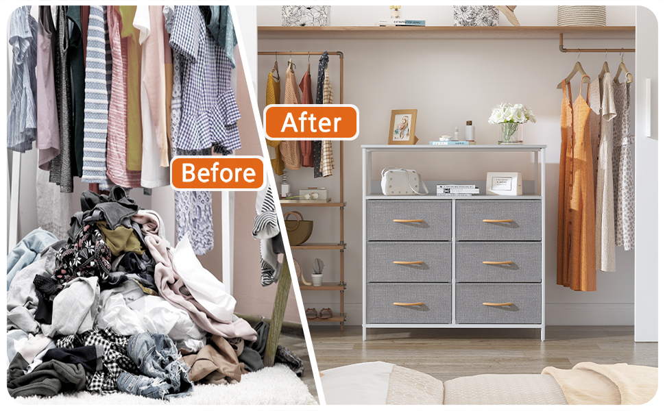 LYNCOHOME Chest of Drawers with Fabric Drawers, Sideboard Entryway Cabinet with 6 Fabric Drawers and Compartments, Drawer Organizer Furniture for Kitchen Office Bedroom (Snow Grey)