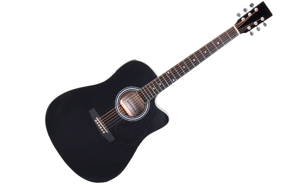 Класична акустична гітара Westerngitarre WS-10BK-CE з підсилювачем, чорна, глянцевий лак. Dreadnought, Cutaway, 3-Band EQ + Presence, тюнер LCD, XLR та Klinke