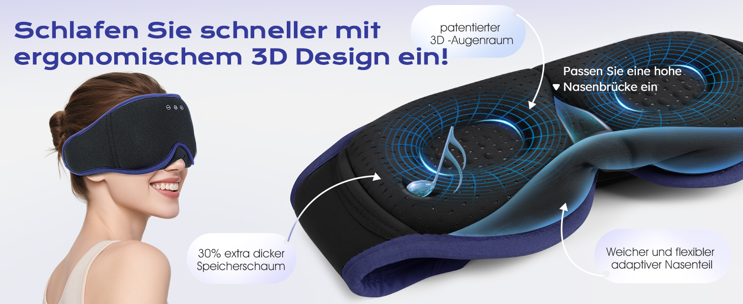 3D Маска для сну з навушниками Bluetooth Dolida, ультрамарин - повна блокада світла, комфортний сон для жінок та чоловіків