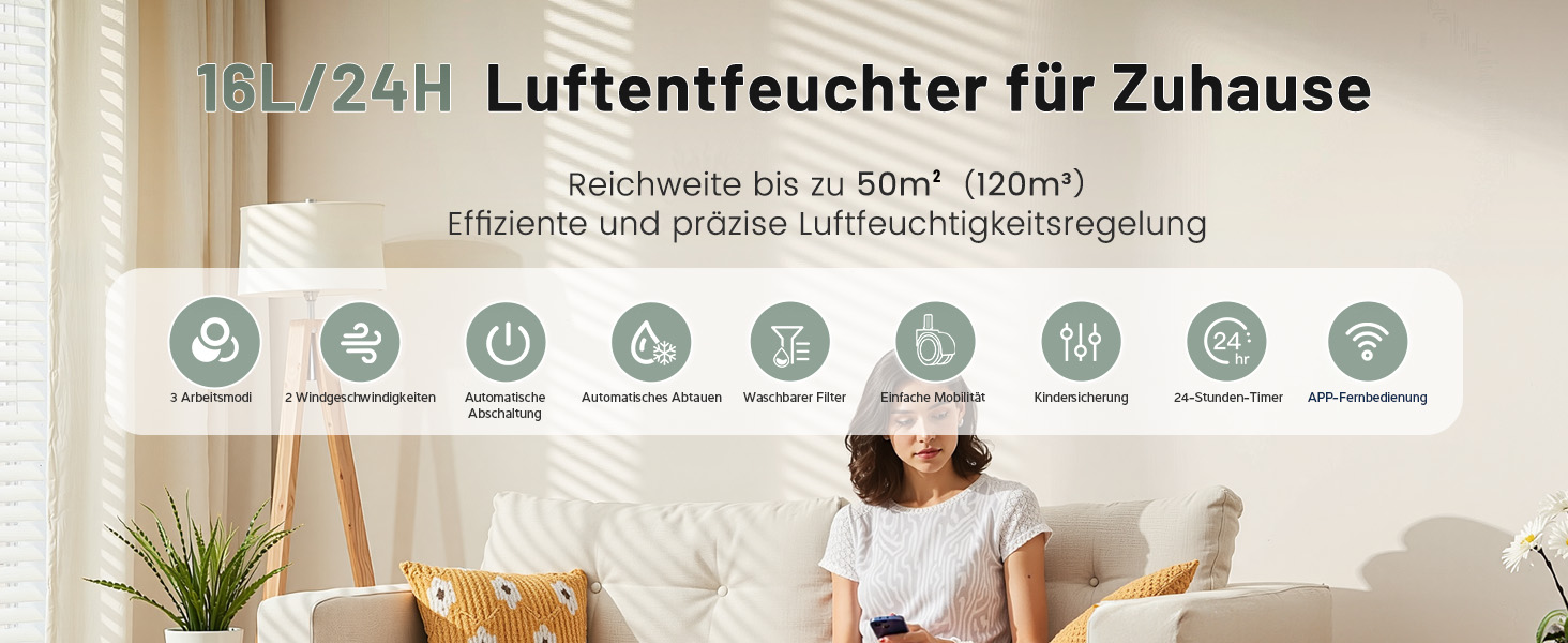 Зволожувач повітря KAITOL 16л/24г, для приміщень до 120м³, з Wi-Fi, сенсорним дисплеєм, таймером, функцією автоматичного відключення та очищення повітря