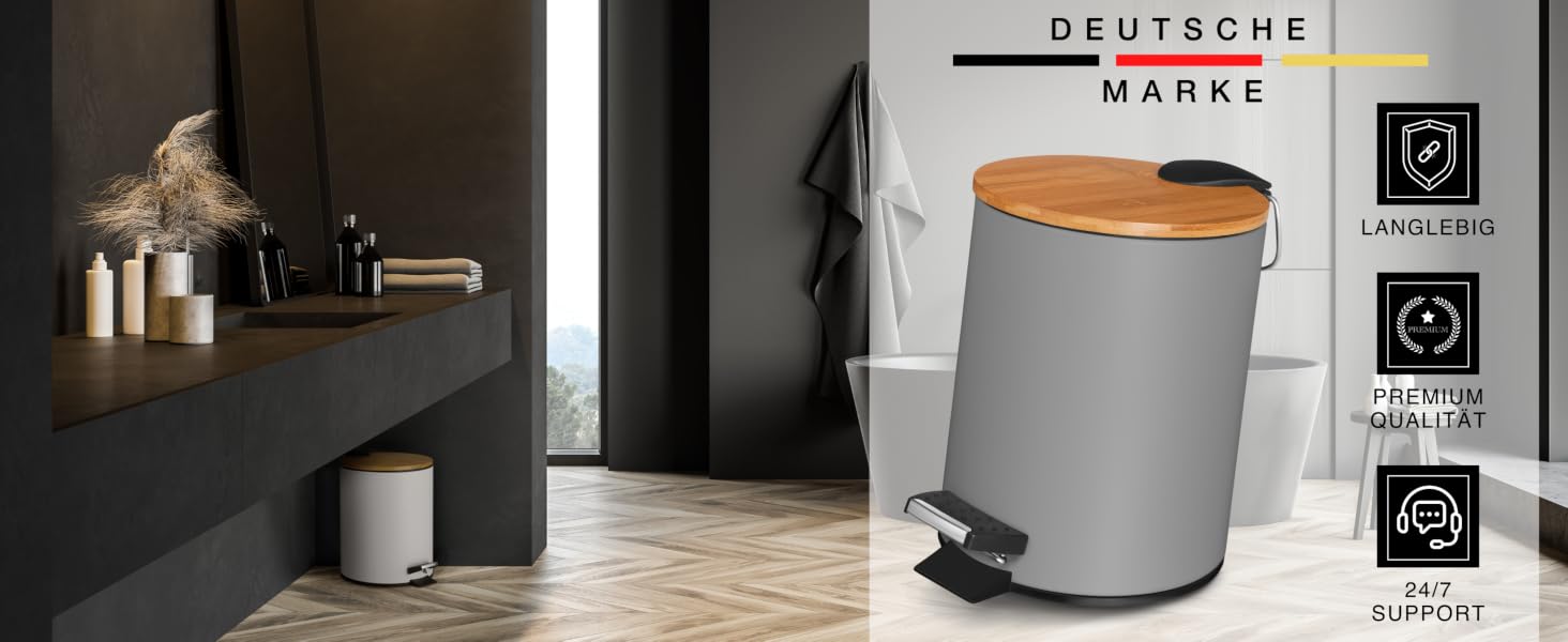 Смітник для косметики VMbathrooms з педаллю та бамбуковою кришкою, Soft-Close, 3 л, матово-сірий
