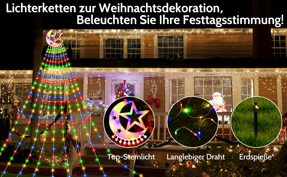 Гірлянда для ялинки 3.5м, 346 LED, 9 струмків, зірка-верхівка, 8 режимів, вологостійка, тепле біле світло (RGB), для декору ялинки