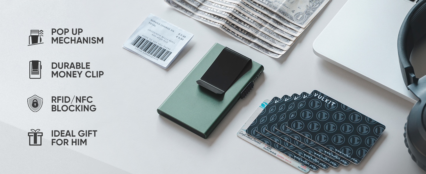 Мінімалістичний гаманець для карток VULKIT з RFID-захистом та Pop-Up механізмом, тонкий кредитний картхолдер з грошовою затискачкою (Колір: Rose Gold)