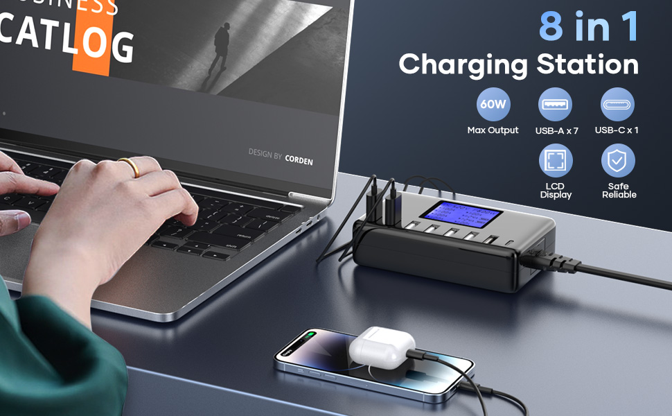 Зарядний пристрій USB 60W, 8 портів, з LCD дисплеєм, USB-C Hub для iPhone, iPad, Android, Samsung, Huawei, Kindle - Чорний