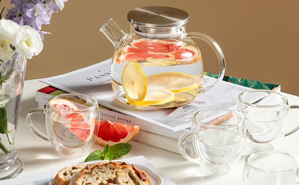 Скляна чайник CnGlass з ситечком, стійкий до плити, 900мл, з нержавіючою кришкою