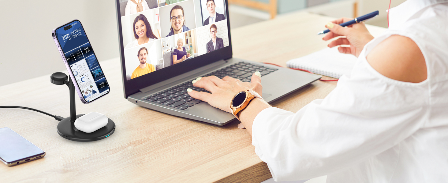 3-в-1 індукційна зарядка для декількох пристроїв, 15W MagSafe зарядка для iPhone 15/14, MagSafe зарядний пристрій для iWatch Ultra 2/1/Series 9/8, AirPods, білий/чорний