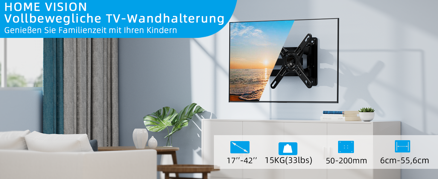 Кріплення для телевізора HOME VISION HV3202 з подовженим підлокотником, 17-42 дюйми, VESA 200x200, до 15 кг, 360° обертання, 180° нахил, висувний на 55,6 см, для плоских та вигнутих екранів