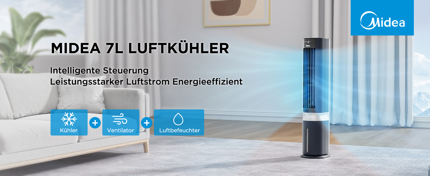 Мобільний охолоджувач повітря Midea Sensicool з 7л резервуаром для води | Без шлангів | 2000 м³/год, 6 швидкостей, сенсорне керування (Блакитний)