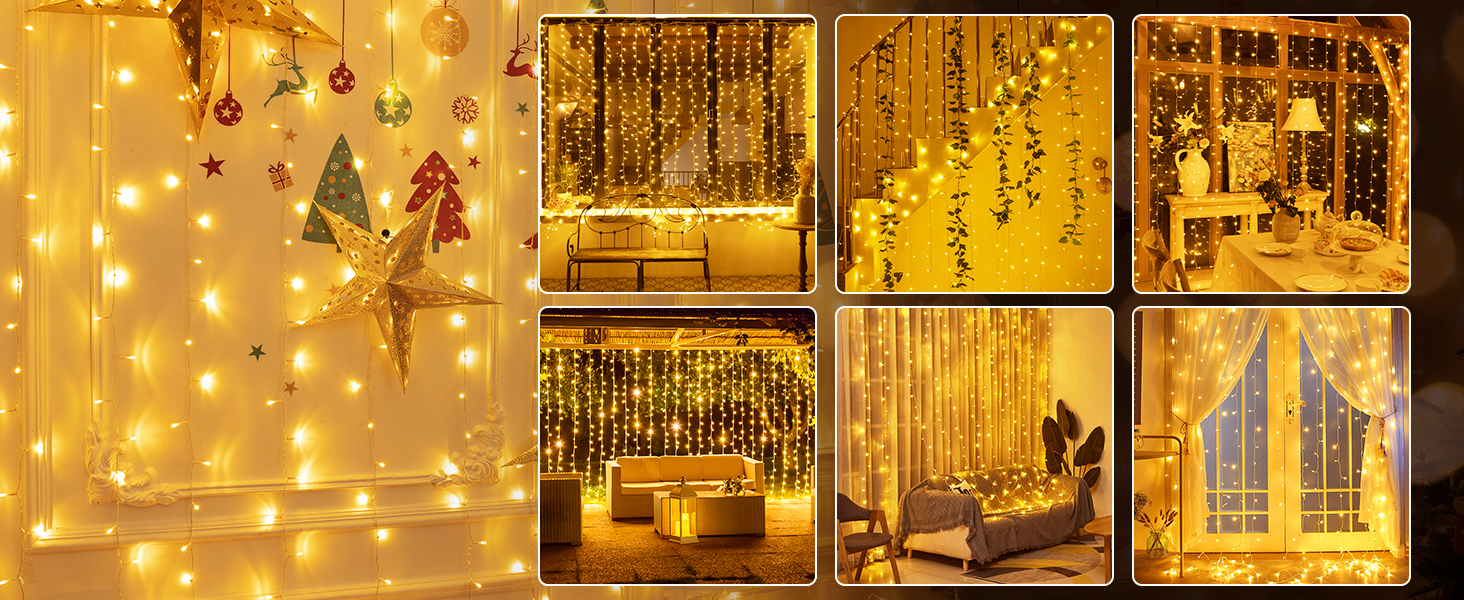 Ланцюжок LED-ліхтарів Joycome 3м x 3м, 300 LED, 8 режимів, вологостійкий, для декору вікна, балкона, кімнати, вечірки, намету, весілля, Різдва (тепле біле світло)