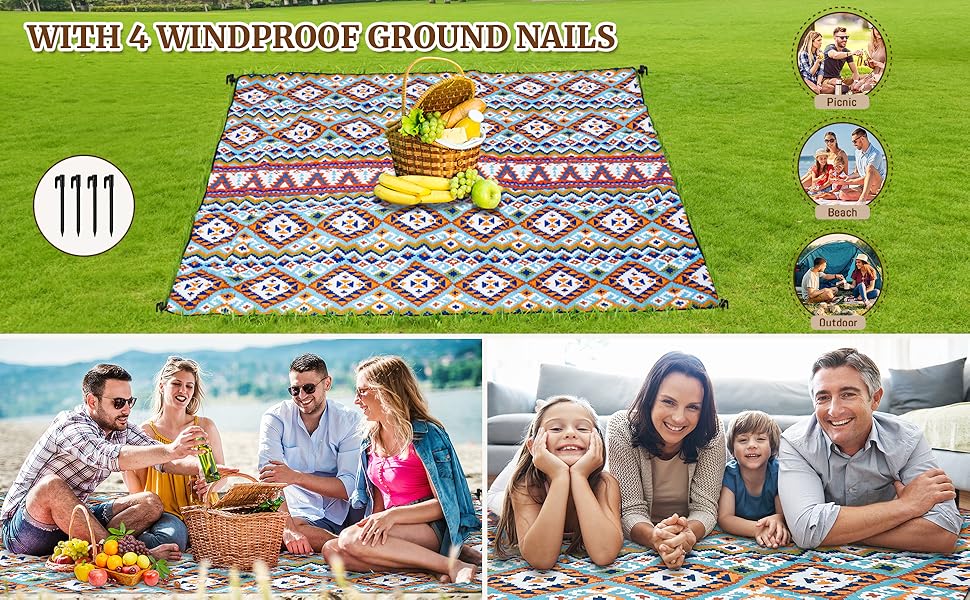 Плед для пікніка Boho 200x200 см, водонепроникний, антипісочний, з ручкою та кілочками, XL килимок для кемпінгу, пляжу, парку, прогулянок в стилі бохо