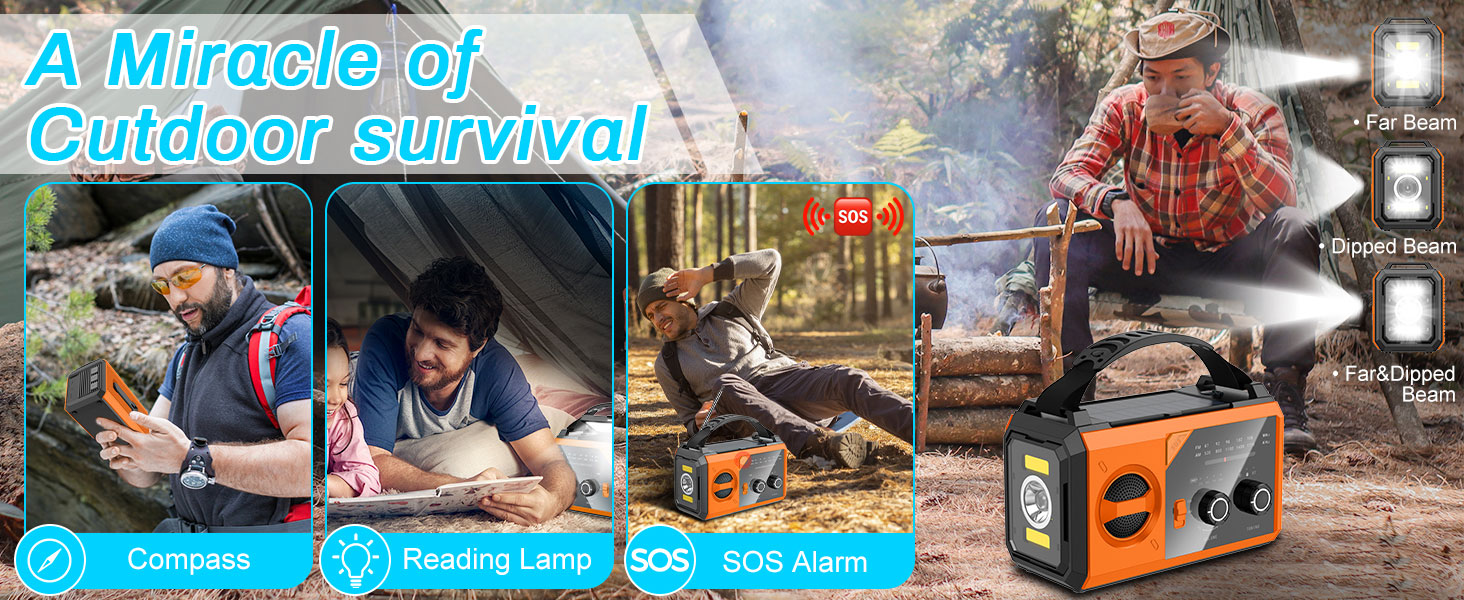 Радіо Kurbelradio на 27000mAh з Bluetooth, сонячне радіо з зарядкою для мобільного телефону, AM/FM портативне аварійне радіо, ліхтарик, зарядний пристрій та комплект для аварійних ситуацій Blackout, для кемпінгу та будівельних майданчиків, помаранчевий