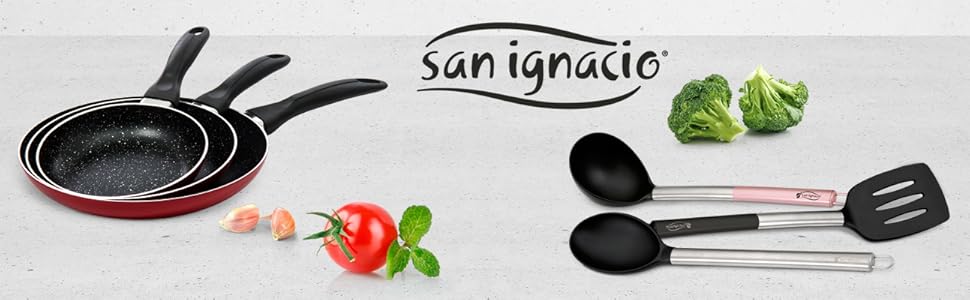 San Ignacio PK125 Set: Pressed Aluminum Frypans - Ø 16, 20, and 24 cm. 3-Piece Frying Pan Set, Aluminum, Black (Set + Accessories)