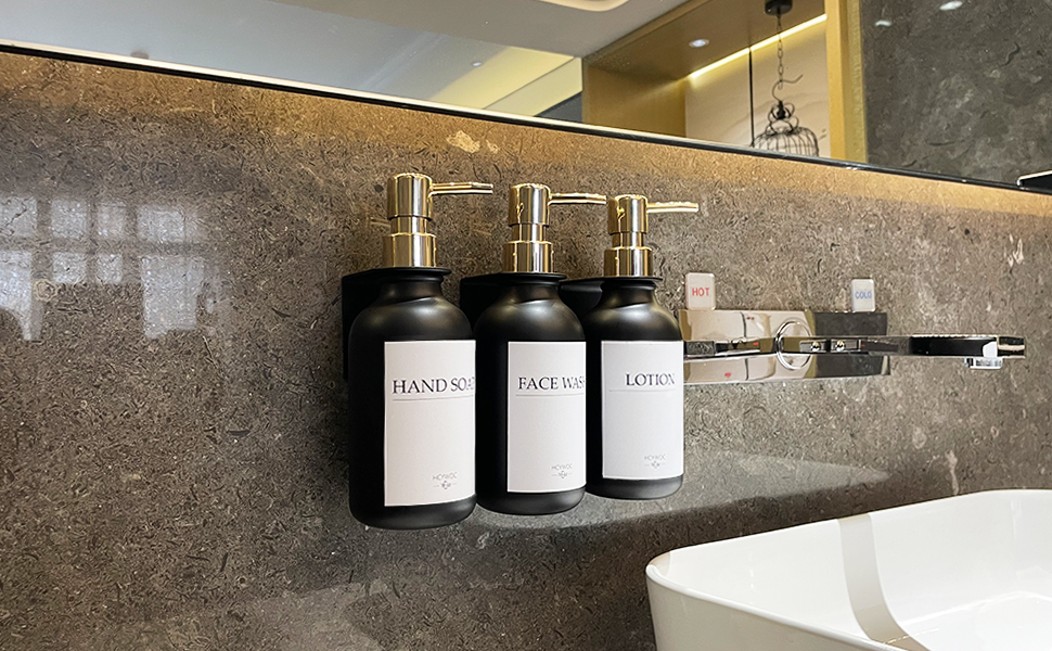 Набір дозаторів для мила та шампуню на стіну, 500 мл, 3 шт., без свердління, янтарний колір (чорна пляшка + золотий насос)